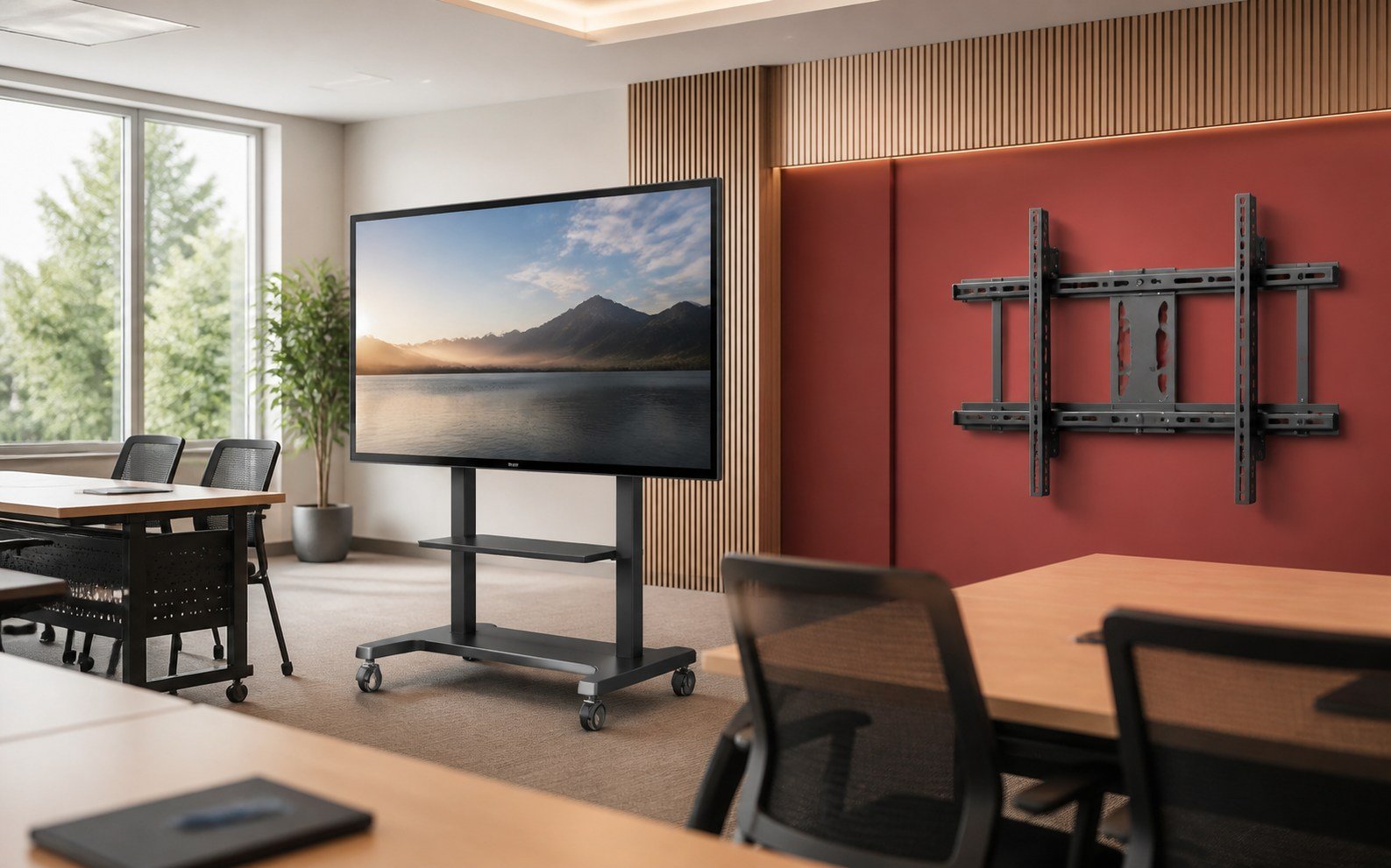 Interactive display positioned securely within a professional meeting space