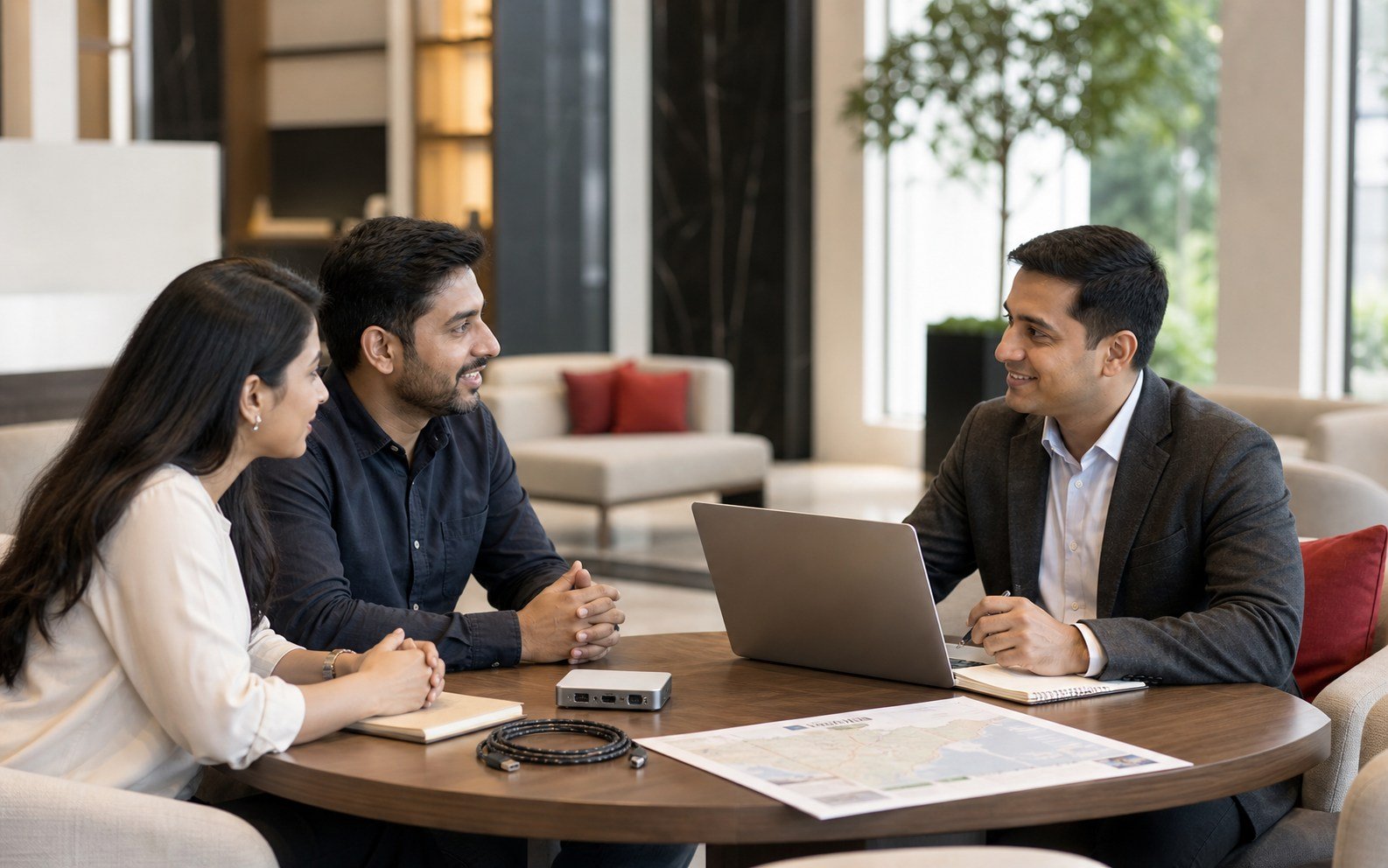 A Satyug consultant discusses a technology and connectivity requirement with two business clients